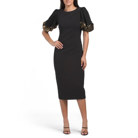 BADGLEY MISCHKA BLACK GOLD Puff Sleeve Midi Sheath Dress